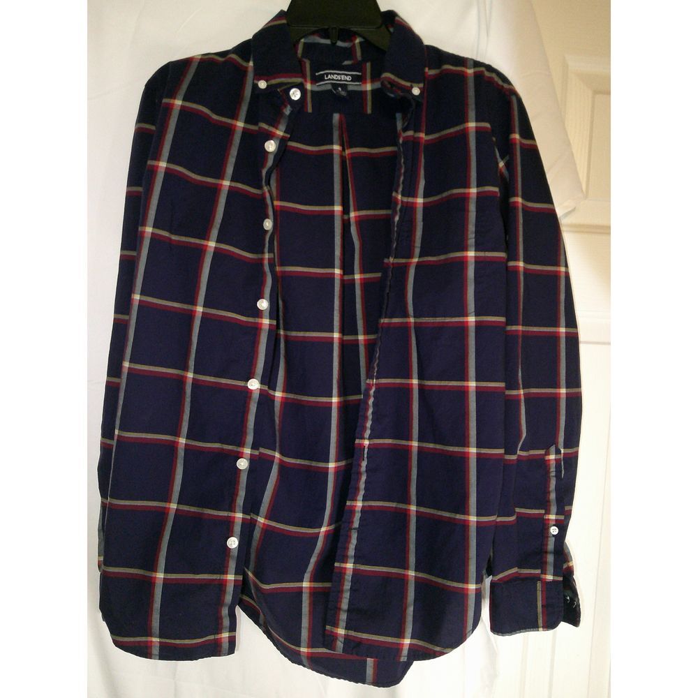 Lands' End Navy Blue Plaid Button Down Shirt Casual Long Sleeve Size S